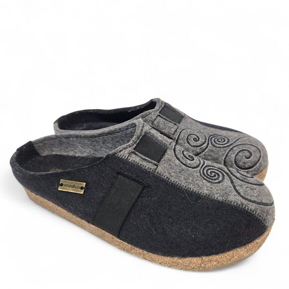 Haflinger Gray Magic Swirl Applique Wool Clogs Womens 38 US 7 Boho Cabin Artsy - Picture 1 of 7